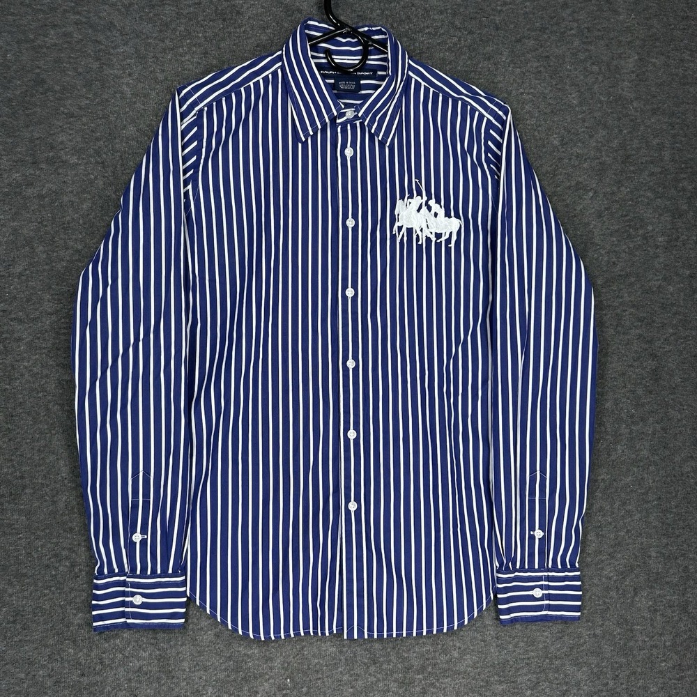 Ralph Lauren Sport Button Top Womens 12 Blue White Stripe Big Double Pony